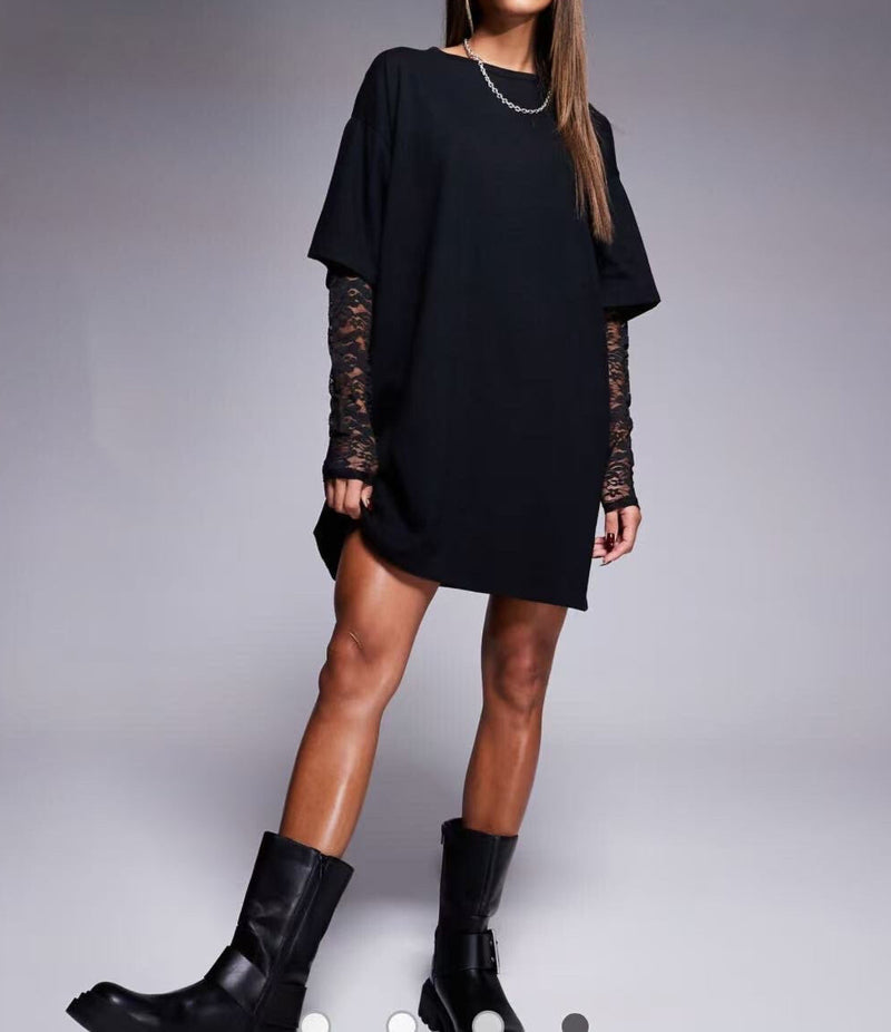 ROBE TEE SHIRT DENTELLE NOIR  mode charly vernaison femme pret a porter 